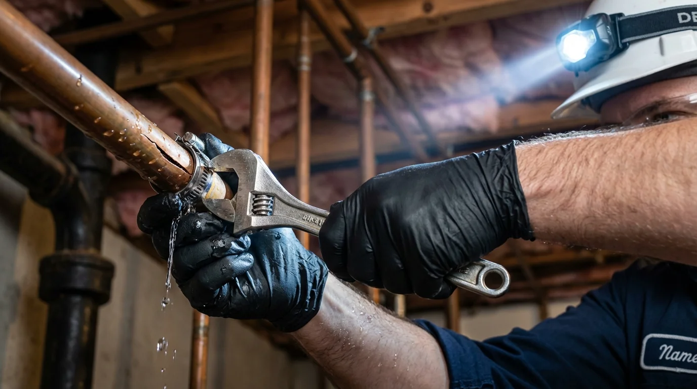 Emergency pipe clamp repair being performed by a Johns Plumbing LLC plumber in Harbor Beach