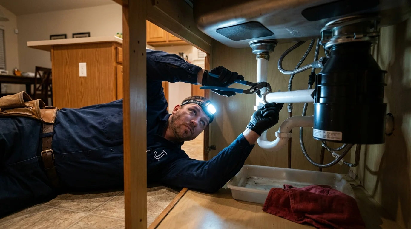 P-trap and supply line connections under a kitchen sink showing a common leak point in Harbor Beach, MI